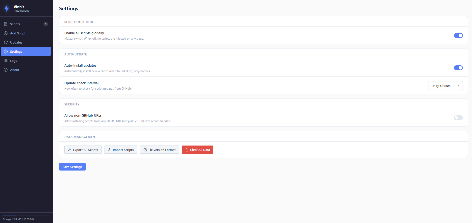 Settings page showing configuration options for update intervals and security